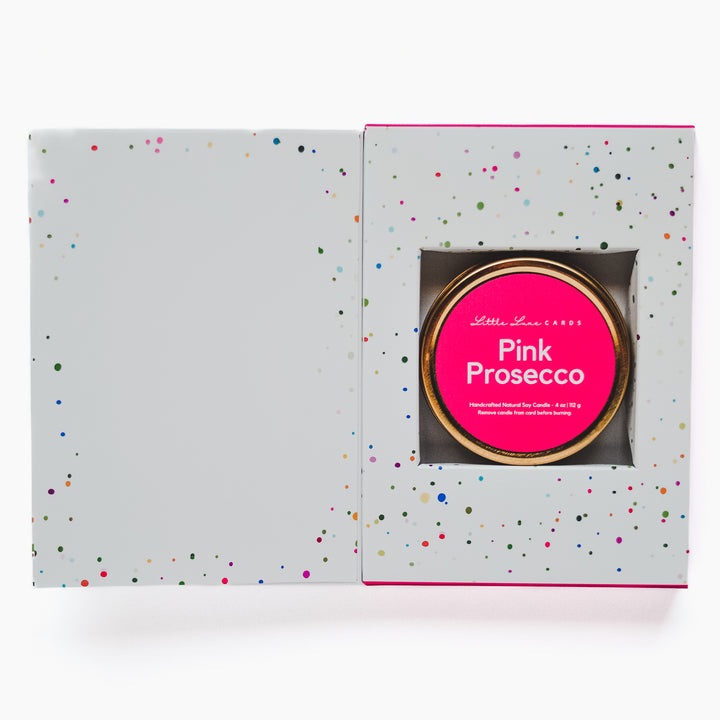 Party Celebration Card with Pink Prosecco Candle Inside